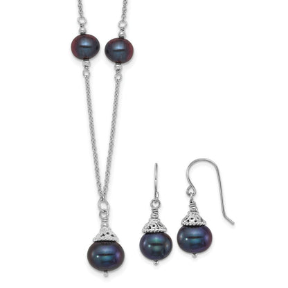 Sterlingsilber Rhodiniert Schwarz Fwc Perle 18 Zoll Halskette/earrings Set