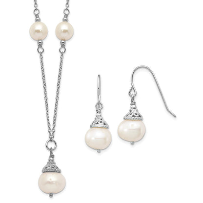 Sterlingsilber Rhodiniert 9-10mm Fwc Perle Halskette/earrings Set