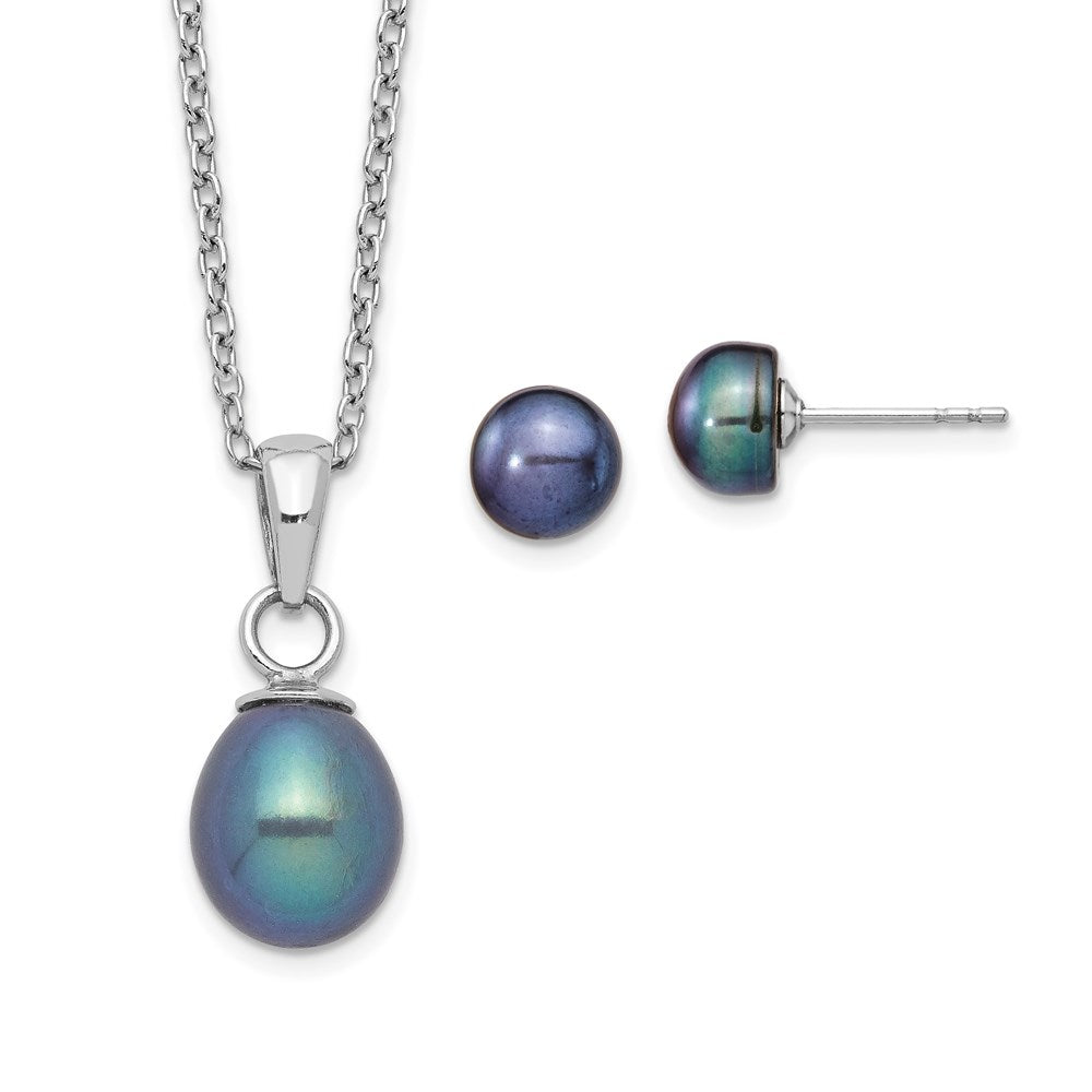 Sterlingsilber Rhodium-plate Fwc Schwarz Perle Halskette/earrings Set