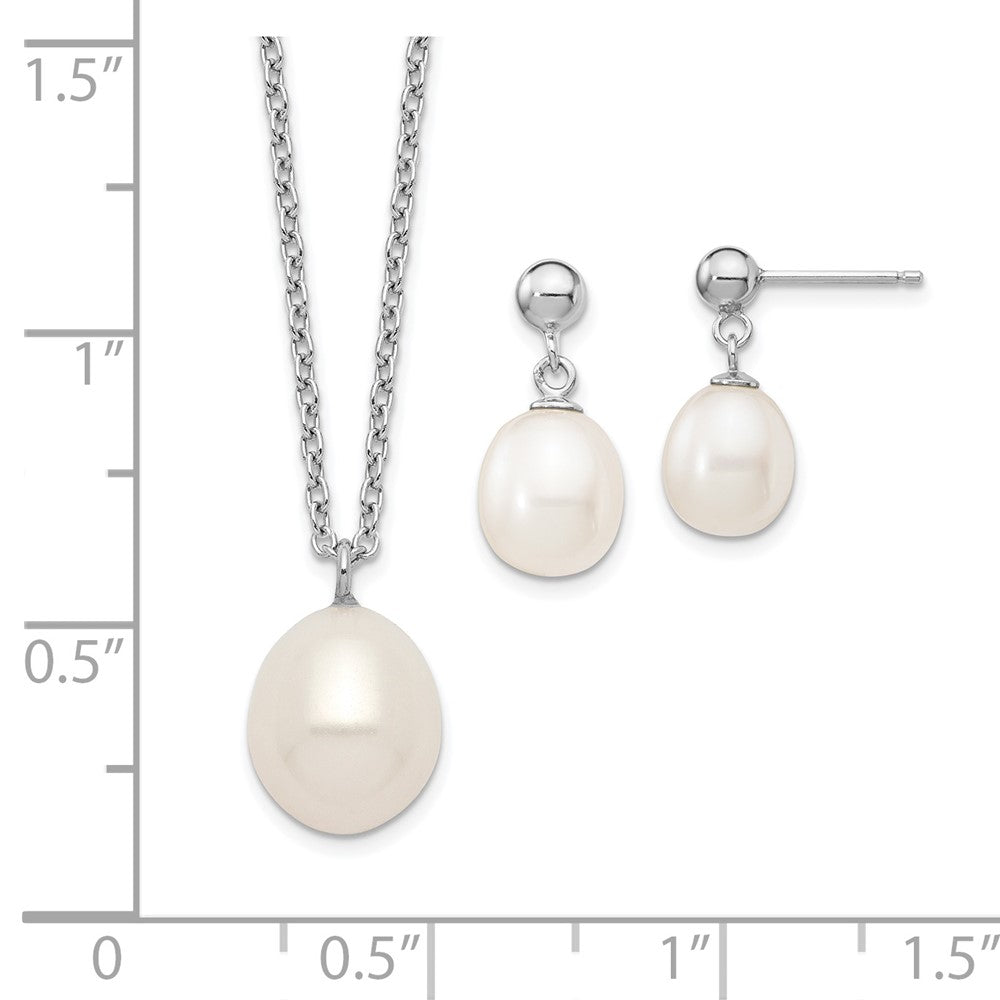 Sterlingsilber Rhodiniert 8-9mm Rice Fwc Perle Halskette/earrings Set