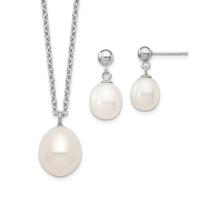 Sterlingsilber Rhodiniert 8-9mm Rice Fwc Perle Halskette/earrings Set