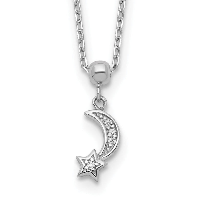 Sterlingsilber Schimmernd Rhodiniert 4 Stein 16 Zoll Mond und Stern Zirkonia Halskette mit 2 Verlängerung