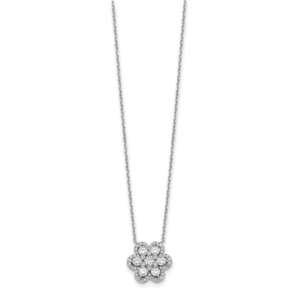 Sterlingsilber Schimmernd Rhodiniert 15.75 Zoll 55 Stein Blume Zirkonia Halskette mit 2 Verlängerung