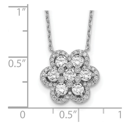 Sterlingsilber Schimmernd Rhodiniert 15.75 Zoll 55 Stein Blume Zirkonia Halskette mit 2 Verlängerung