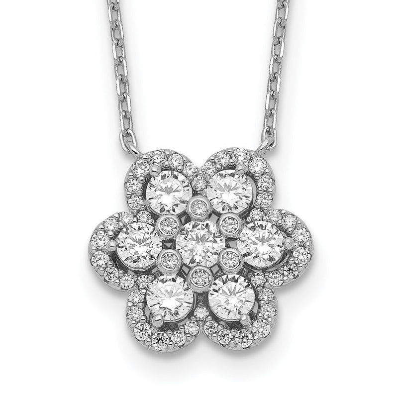 Sterlingsilber Schimmernd Rhodiniert 15.75 Zoll 55 Stein Blume Zirkonia Halskette mit 2 Verlängerung