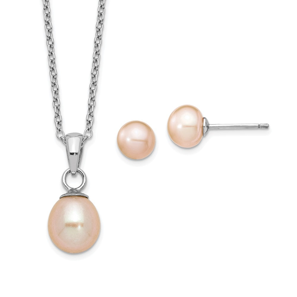Sterlingsilber Rhodiniert Rosa Fwc Perle Halskette/earrings Set
