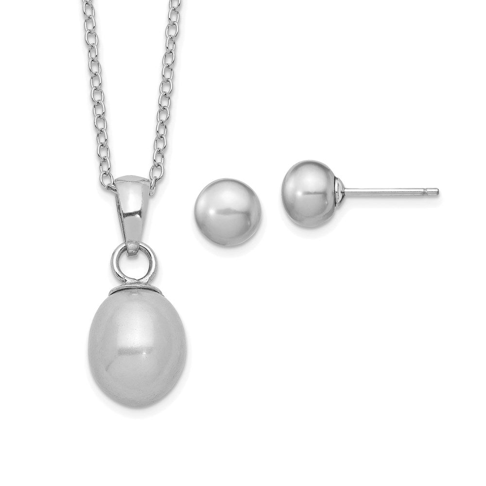 Sterlingsilber Rhodiniert Fwc Grau Perle Halskette/earrings Set