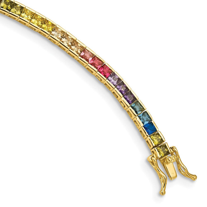 Sterlingsilber Prizma Goldfarben 14K Glanz Vergoldet 7.25 Zoll Kanalfassung-set Bunt Zirkonia Armreif