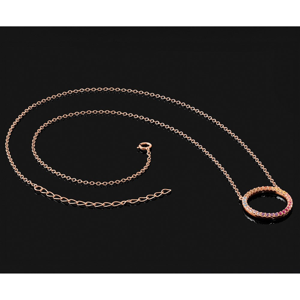 Sterlingsilber Prizma Roséfarben 14K Glanz Rose Vergoldet 16 Zoll Bunt Zirkonia Offen Kreis Halskette mit 2 Verlängerung
