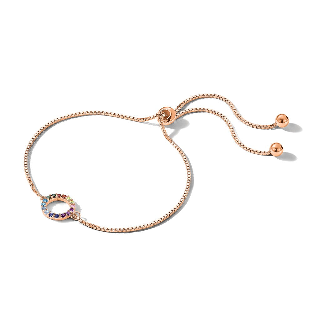 Sterlingsilber Prizma Roséfarben 14K Glanz Rose Vergoldet Bunt Zirkonia Offen Kreis Verstellbar Bolo Armband
