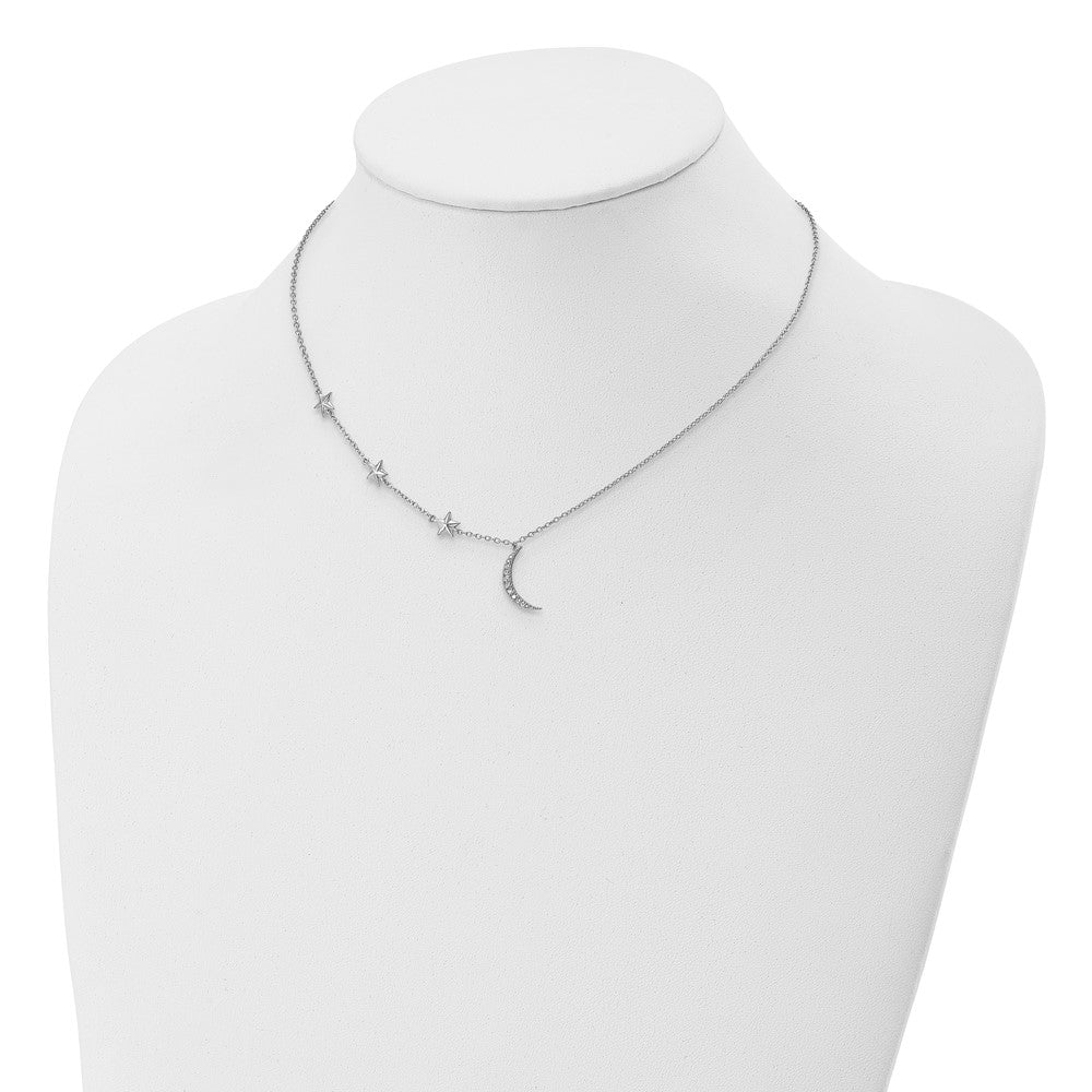 Sterlingsilber Rhodiniert Zirkonia Sterne und Mond mit 2 Zoll Verlängerung. Halskette