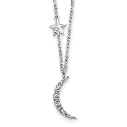 Sterlingsilber Rhodiniert Zirkonia Sterne und Mond mit 2 Zoll Verlängerung. Halskette