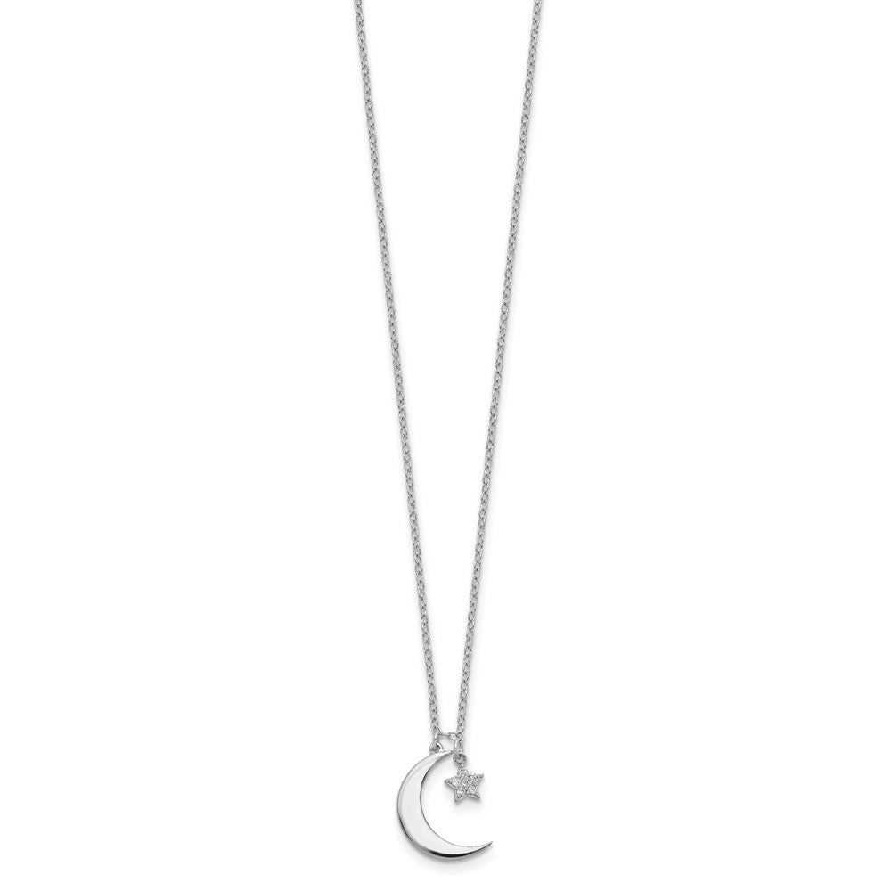 Sterlingsilber Rhodiniert Zirkonia Stern und Mond mit 2 Zoll Verlängerung. Halskette