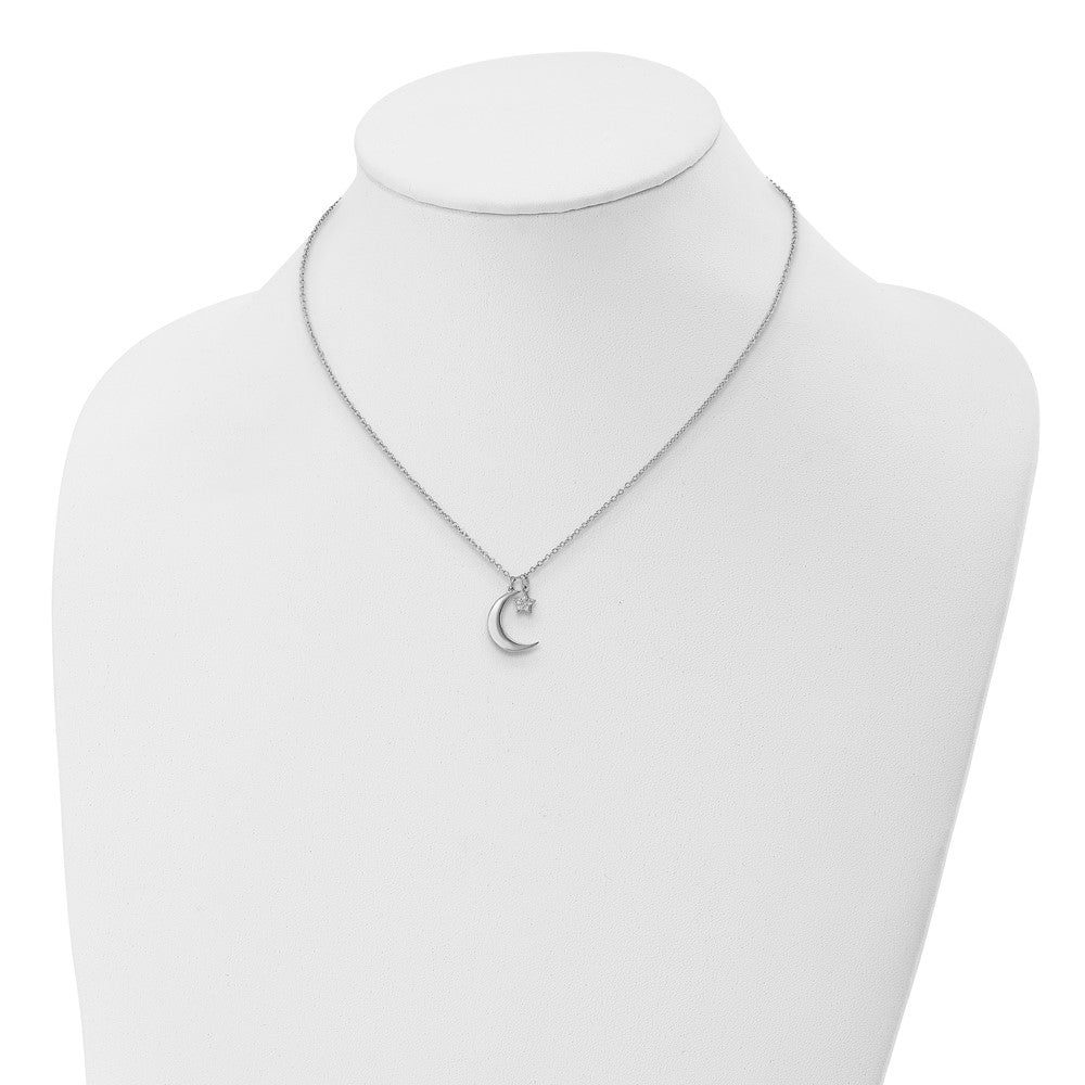 Sterlingsilber Rhodiniert Zirkonia Stern und Mond mit 2 Zoll Verlängerung. Halskette