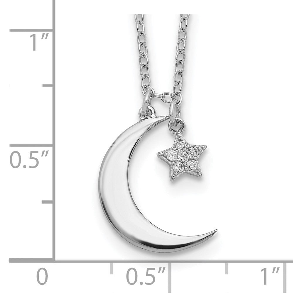 Sterlingsilber Rhodiniert Zirkonia Stern und Mond mit 2 Zoll Verlängerung. Halskette