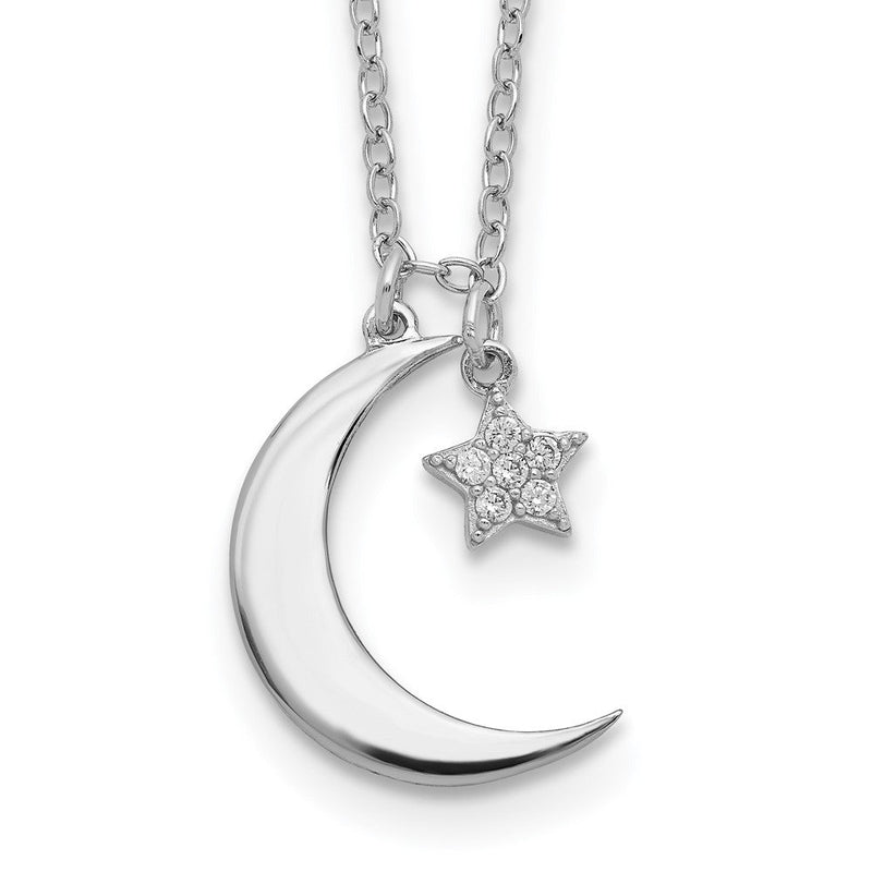 Sterlingsilber Rhodiniert Zirkonia Stern und Mond mit 2 Zoll Verlängerung. Halskette