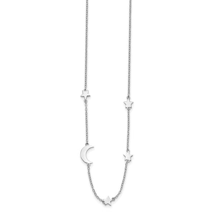 Sterlingsilber Rhodiniert Sterne und Mond mit 2 Zoll Verlängerung. Halskette