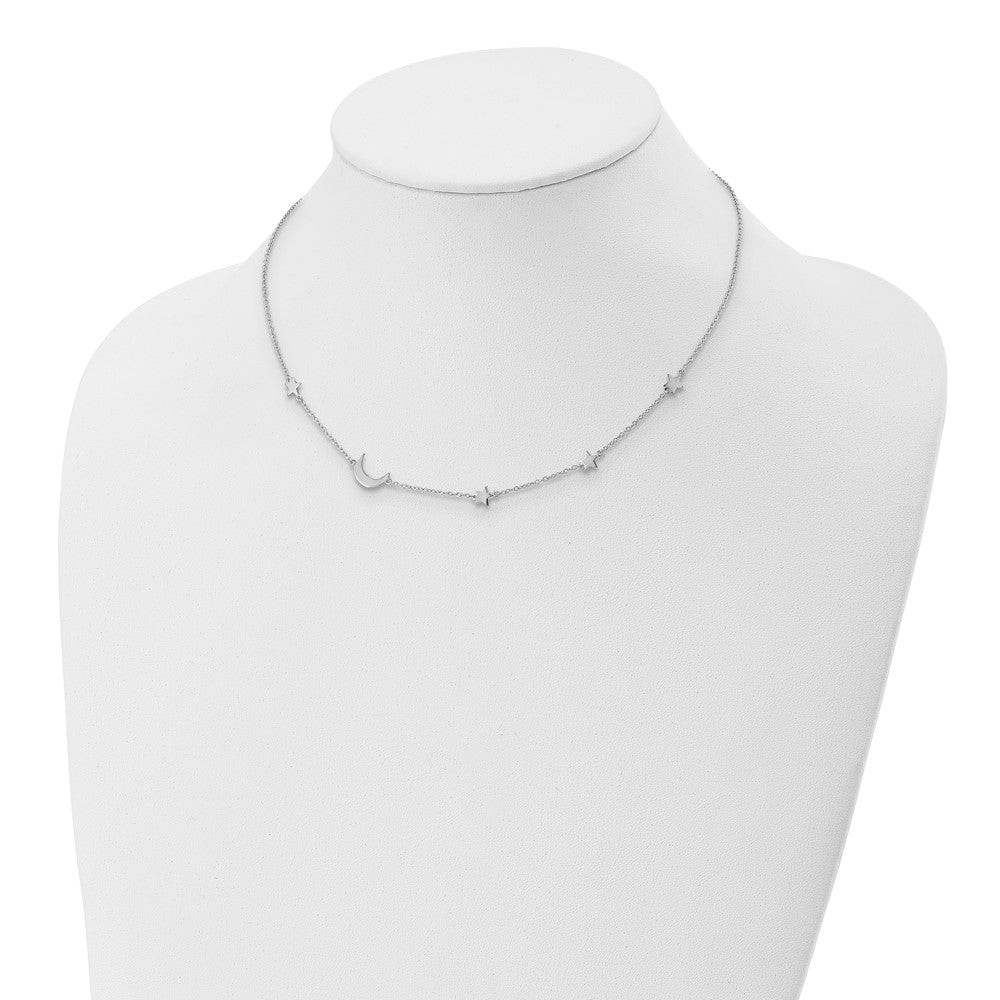 Sterlingsilber Rhodiniert Sterne und Mond mit 2 Zoll Verlängerung. Halskette