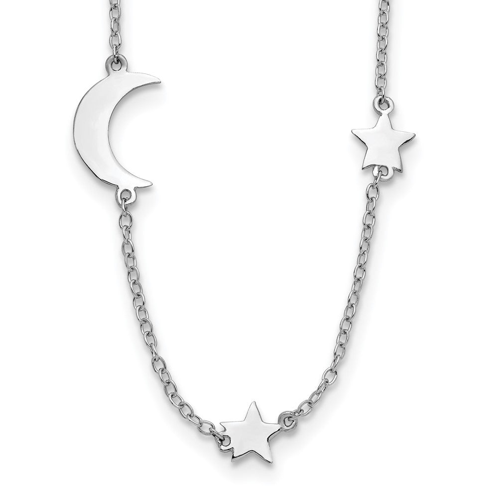 Sterlingsilber Rhodiniert Sterne und Mond mit 2 Zoll Verlängerung. Halskette