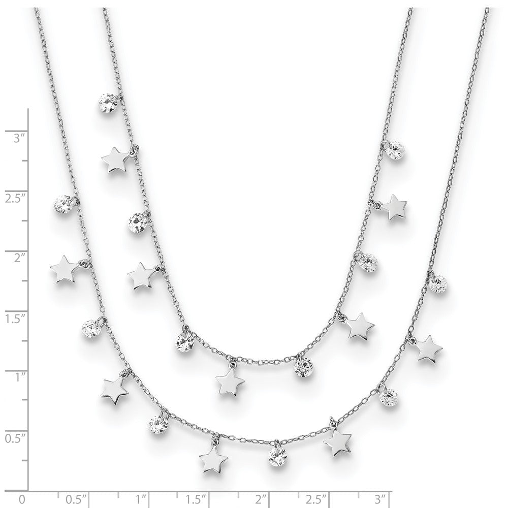 Sterlingsilber Rhodiniert Sterne und Zirkonia Geschichtet mit 1.25 Zoll Verlängerung. Halskette