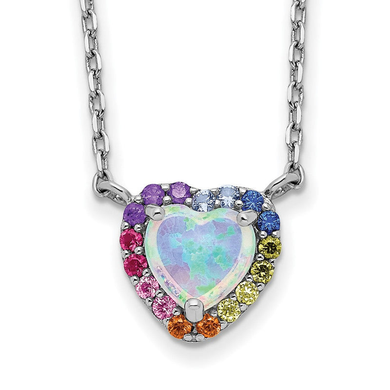 Sterlingsilber Rhodiniert 16 Zoll Im Labor Erzeugt Opal und Bunt Zirkonia Herz Halskette mit 2 Verlängerung