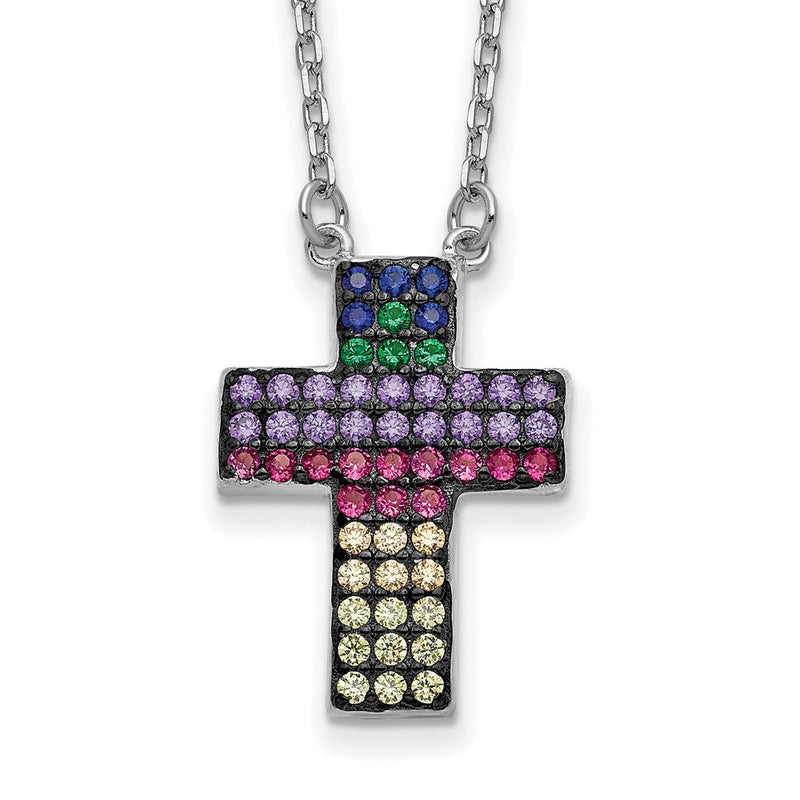 Sterlingsilber Prizma Rhodiniert 16 Zoll Bunt Zirkonia Kreuz Halskette mit 2 Verlängerung