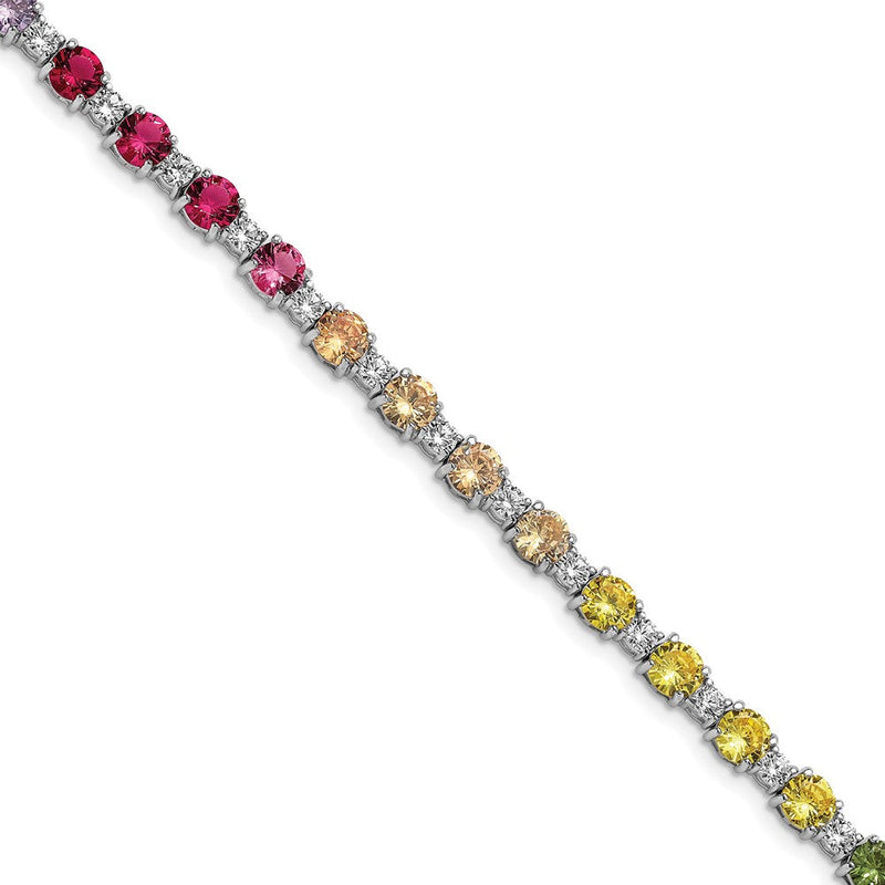 Sterlingsilber Prizma Rhodiniert 7.5 Zoll Weiß und Bunt Rund Zirkonia Armband