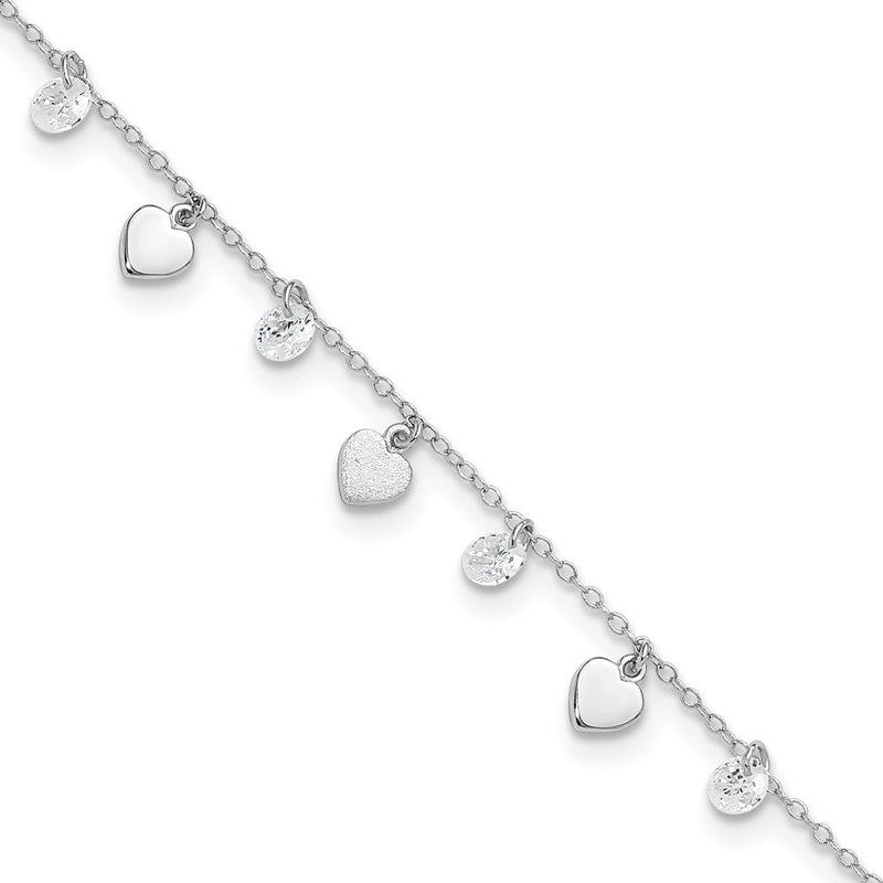 Sterlingsilber Rhodiniert Poliert und Gebürstet Herz Zirkonia 8.75 Zoll Plus 1inext An