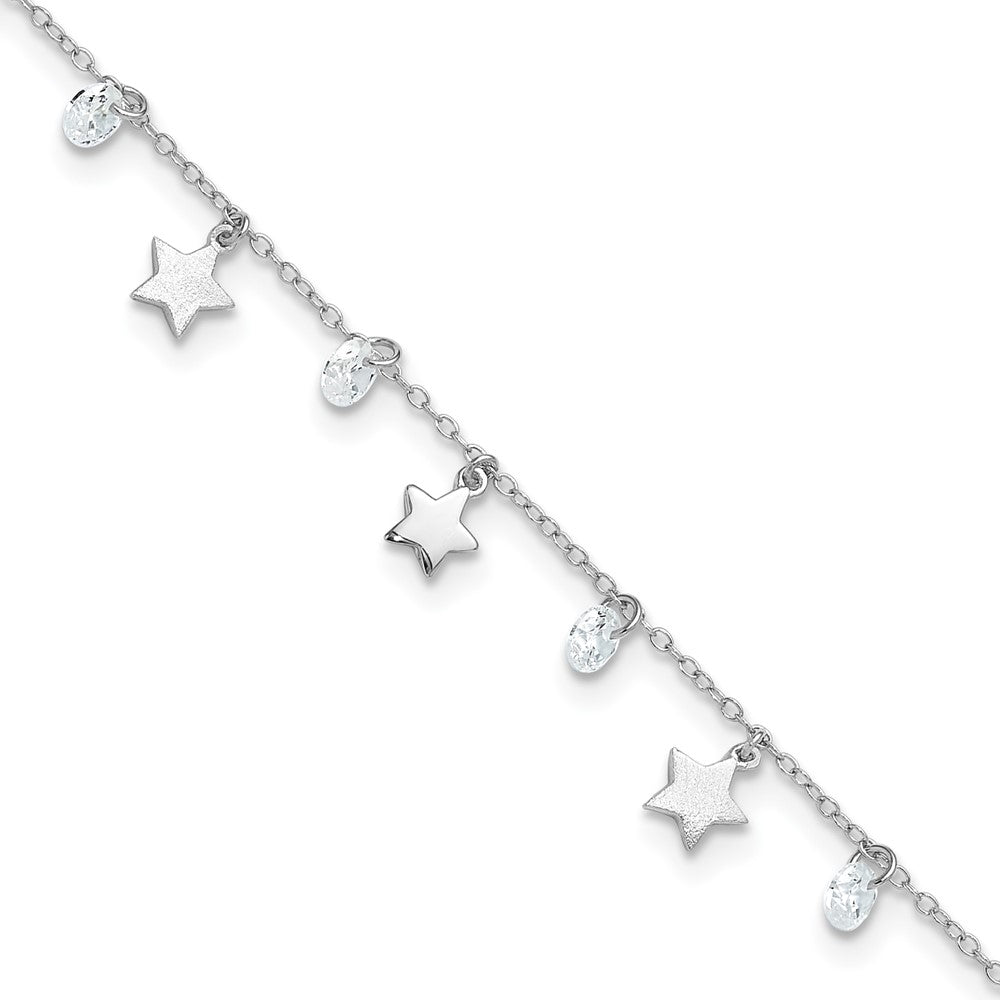 Sterlingsilber Rhodiniert Poliert und Gebürstet Stern Zirkonia 9 Zoll Plus 1 Zoll Verlängerung. An