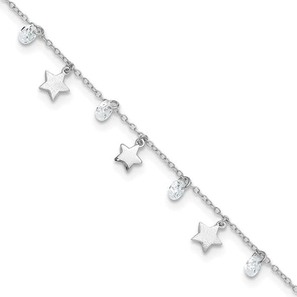 Sterlingsilber Rhodiniert Poliert und Gebürstet Stern Zirkonia 9 Zoll Plus 1 Zoll Verlängerung. An