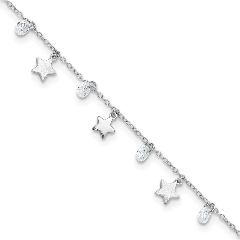Sterlingsilber Rhodiniert Poliert und Gebürstet Stern Zirkonia 9 Zoll Plus 1 Zoll Verlängerung. An