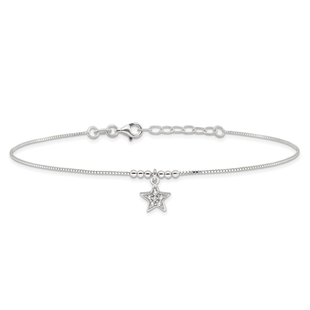 Sterlingsilber Zirkonia Stern und Perlen 9 Zoll Plus 1 Zoll Verlängerung. Fußkettchen