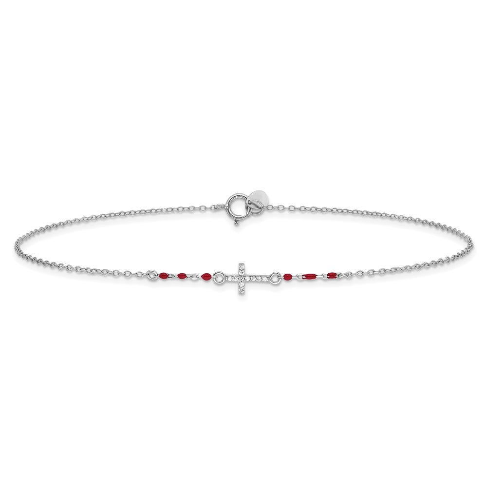 Sterlingsilber Rhodiniert Poliert Zirkonia Rot Emaille Perle Kreuz Fußkettchen