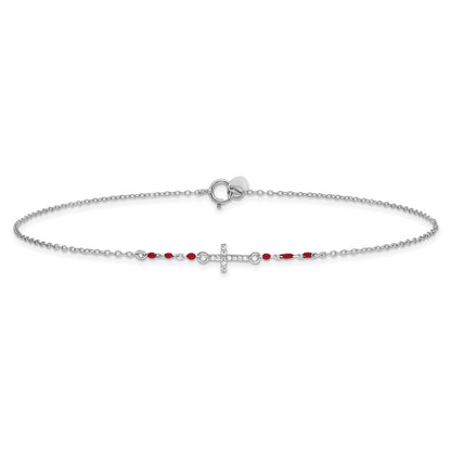 Sterlingsilber Rhodiniert Poliert Zirkonia Rot Emaille Perle Kreuz Fußkettchen