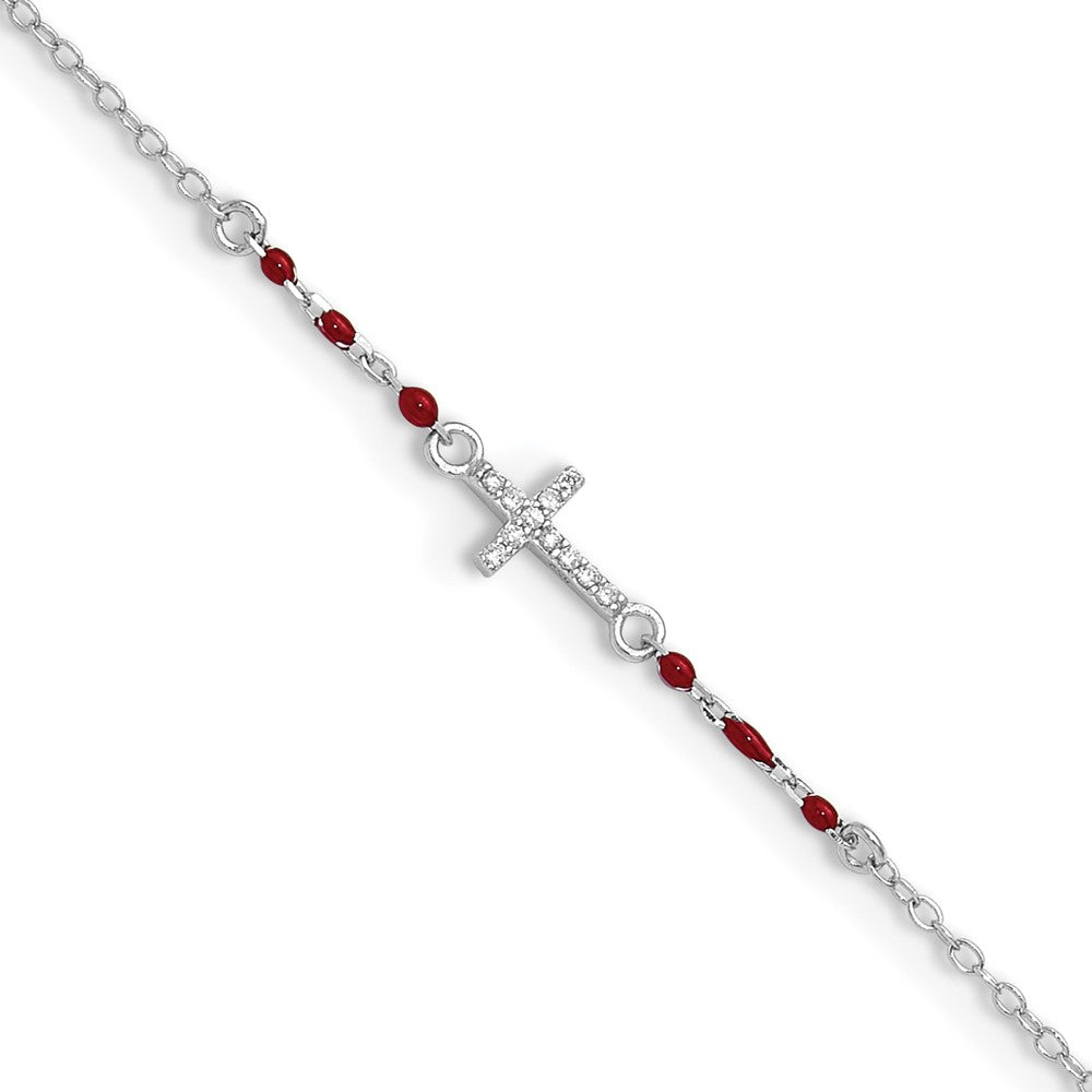 Sterlingsilber Rhodiniert Poliert Zirkonia Rot Emaille Perle Kreuz Fußkettchen