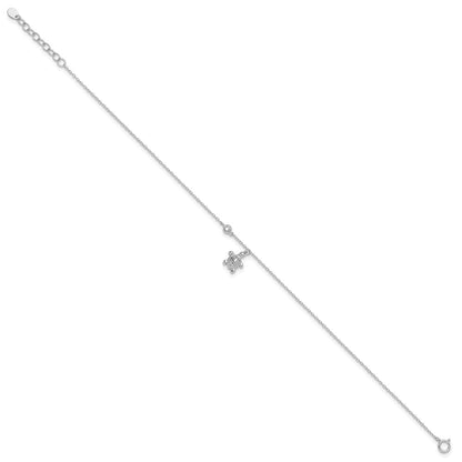 Sterlingsilber Rhodiniert Poliert Zirkonia Schildkröte 9 Zoll mit An 1 Extention Fußkettchen
