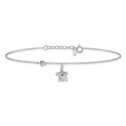 Sterlingsilber Rhodiniert Poliert Zirkonia Schildkröte 9 Zoll mit An 1 Extention Fußkettchen