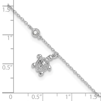 Sterlingsilber Rhodiniert Poliert Zirkonia Schildkröte 9 Zoll mit An 1 Extention Fußkettchen