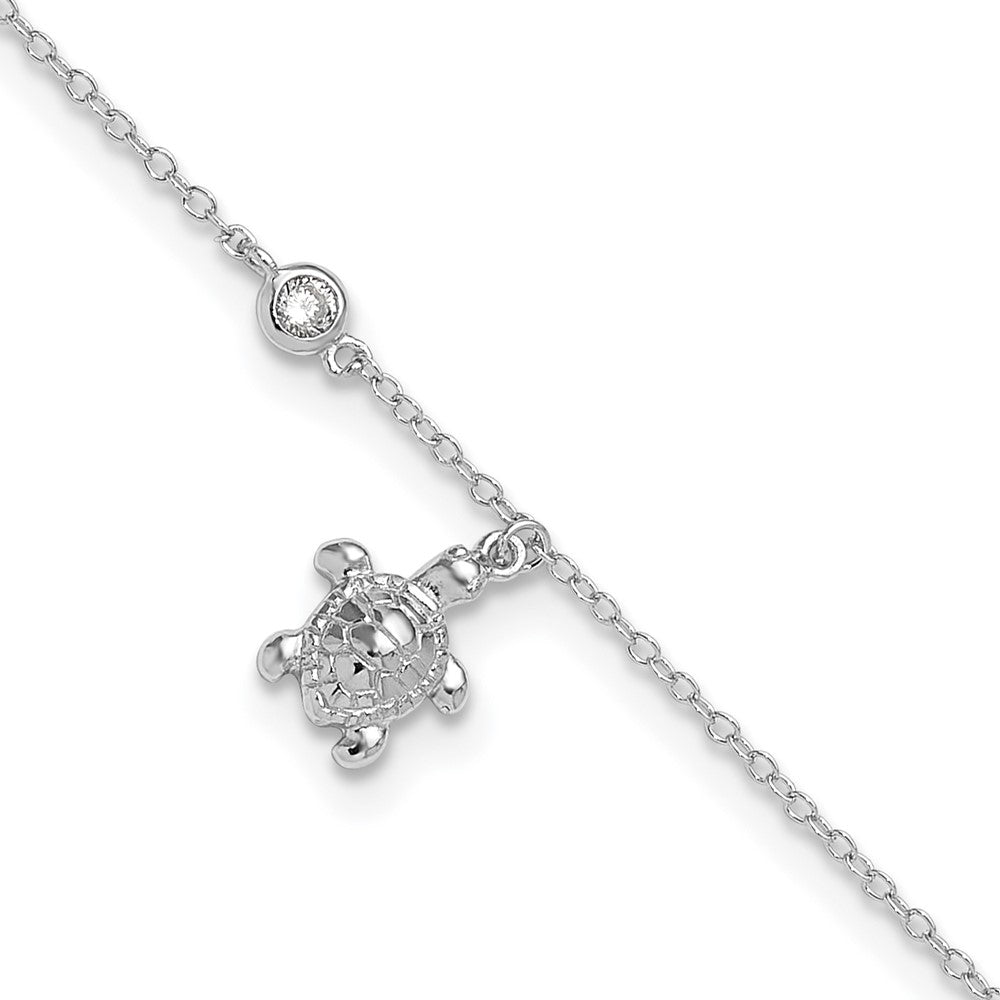Sterlingsilber Rhodiniert Poliert Zirkonia Schildkröte 9 Zoll mit An 1 Extention Fußkettchen