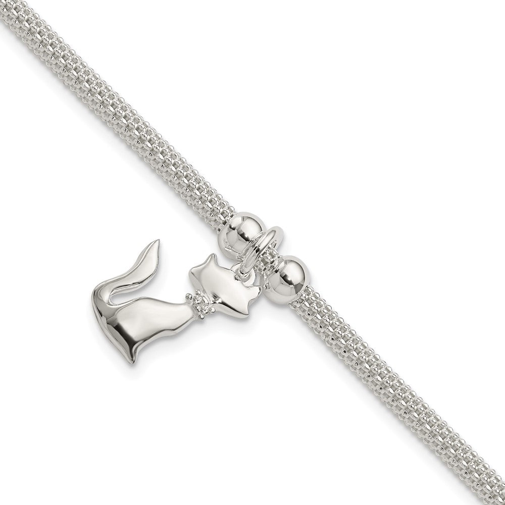 7.5 Zoll Sterlingsilber Poliert Zirkonia Katze Charm Armband