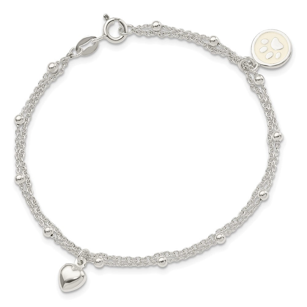 7.5 Zoll Sterlingsilber 2-strand Herz und Emailliert Paw Druck Armband