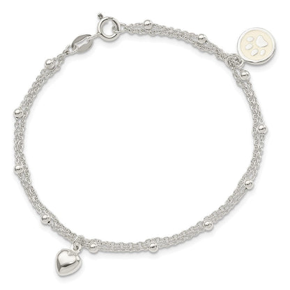 7.5 Zoll Sterlingsilber 2-strand Herz und Emailliert Paw Druck Armband