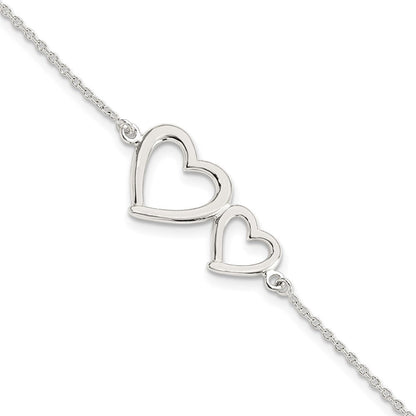 7.5 Zoll Sterlingsilber Poliert Zwei Herzen Armband