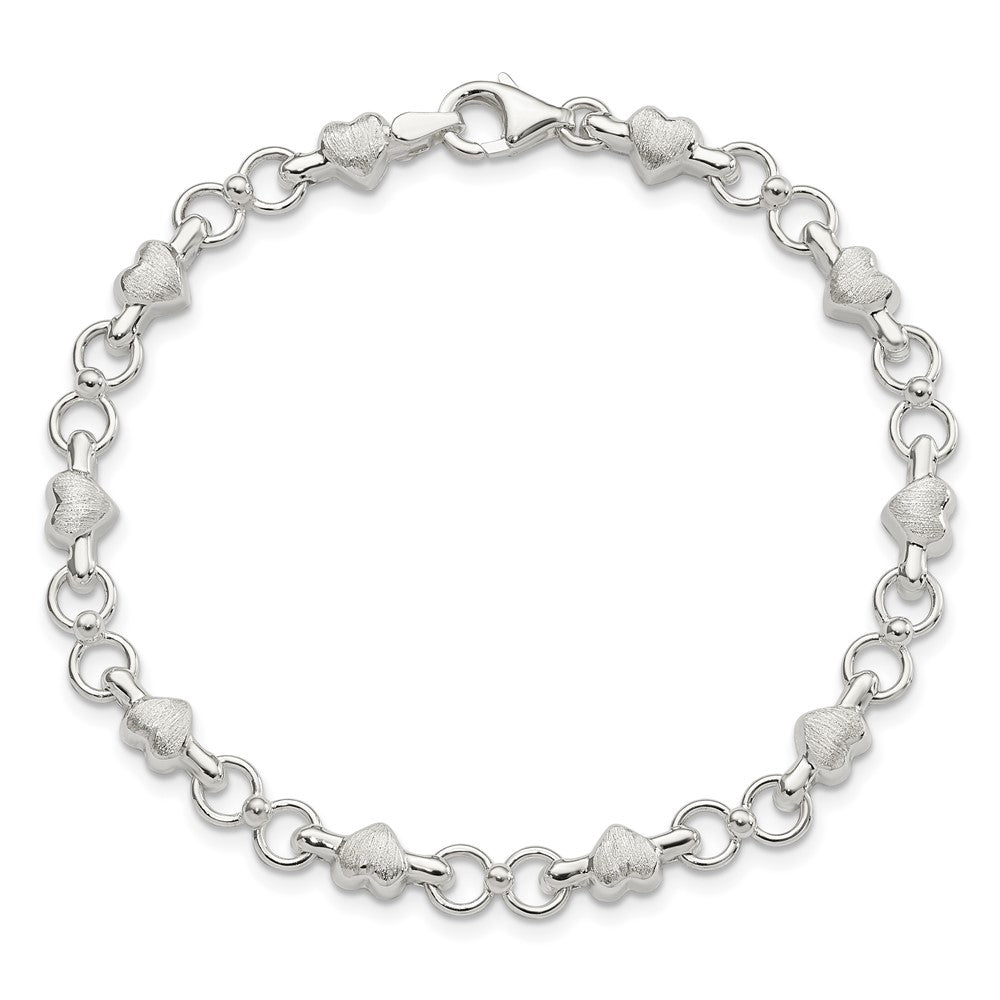 7.5 Zoll Sterlingsilber Satiniert & Poliert Herz Gliederarmband