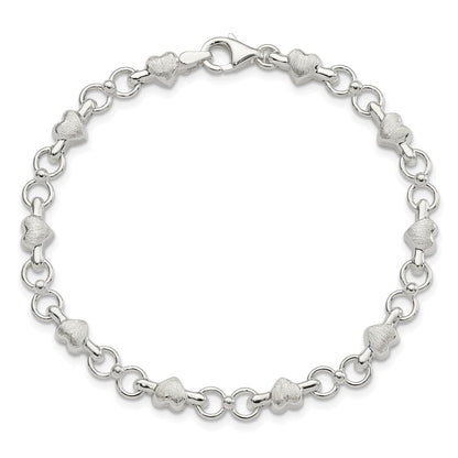 7.5 Zoll Sterlingsilber Satiniert & Poliert Herz Gliederarmband
