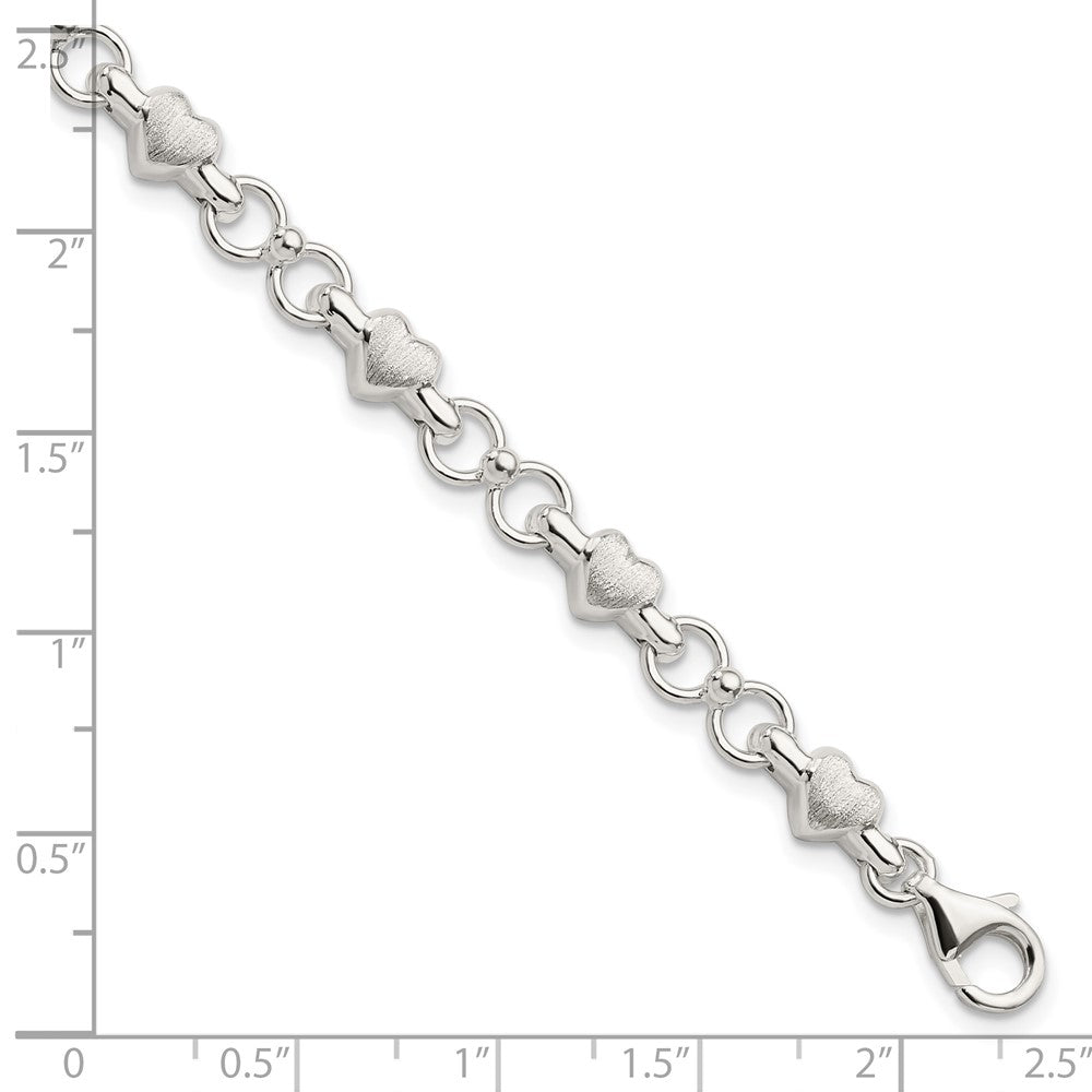 7.5 Zoll Sterlingsilber Satiniert & Poliert Herz Gliederarmband