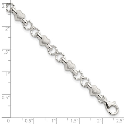 7.5 Zoll Sterlingsilber Satiniert & Poliert Herz Gliederarmband