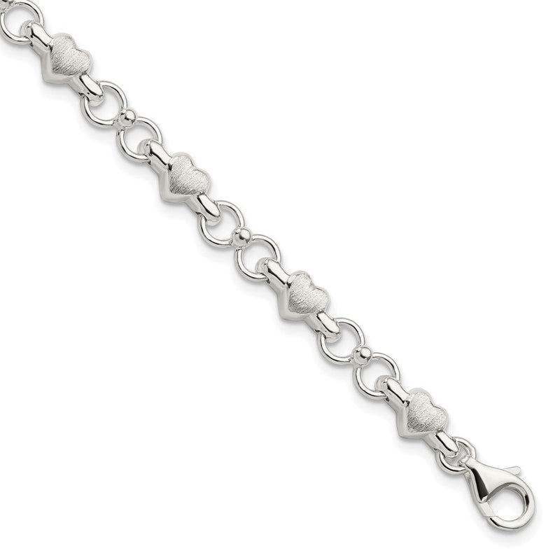 7.5 Zoll Sterlingsilber Satiniert & Poliert Herz Gliederarmband