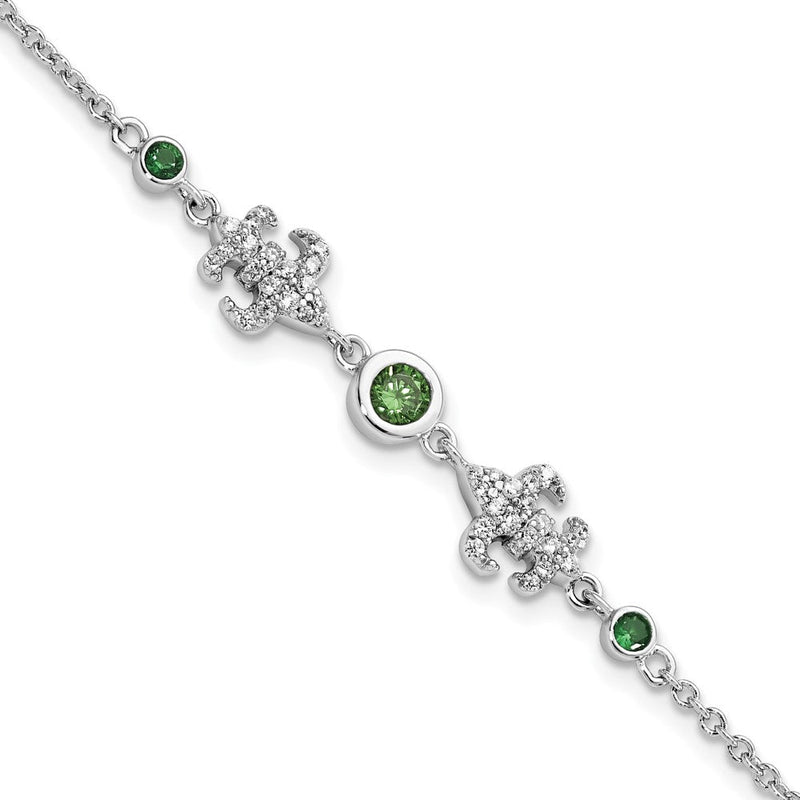 8 Zoll Sterlingsilber Rhodiniert Grün & Weiß Zirkonia Fleur De Lis mit 1 Zoll Verlängerung. Armband