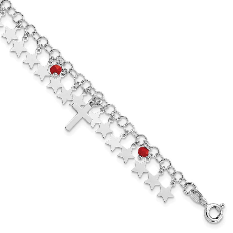 Sterlingsilber Rhodiniert Rot Kristall Kreuz und Stern mit 1.25 Zoll Verlängerung. Br